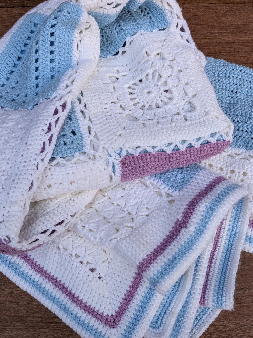 Handmade Crochet Sampler Afghan Blanket Blue Lavender White 81x48